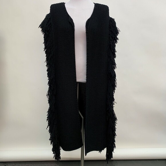 PF5 Women's Cardigan Sweater Medium Large Black Fringe 100% Wool - Picture 1 of 9